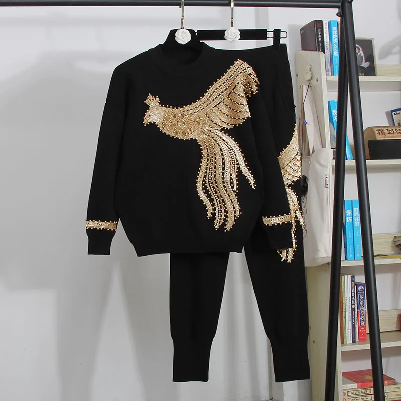 

Autumn Fashion Red White Black Gray Knitted Set Women Tracksuit Loose Beading Sequins Phoenix Sweater Long Pants Outfits Female