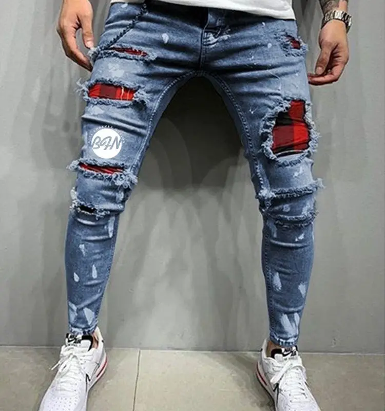 Men's Oversized Trousers With Holes In Grey Black Blue Made Old Casual Slim Fit All-Around Small Foot Jeans