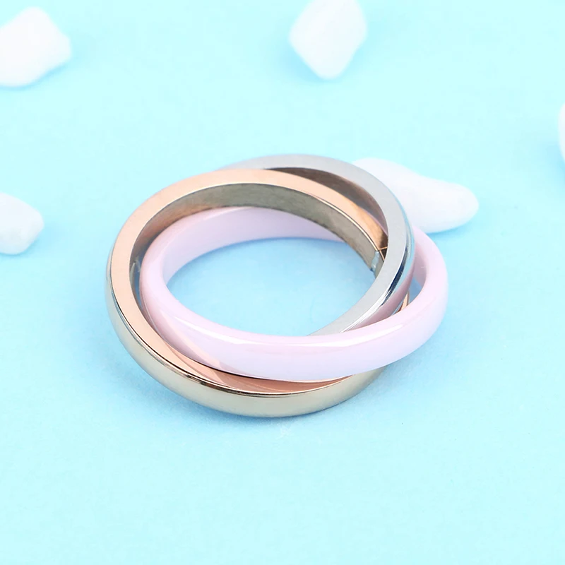 Three Circle Rings In One Ring Jewelry Stainless Steel and Healthy Ceramic Material Never Fade Female Pink Blue Color | Украшения и