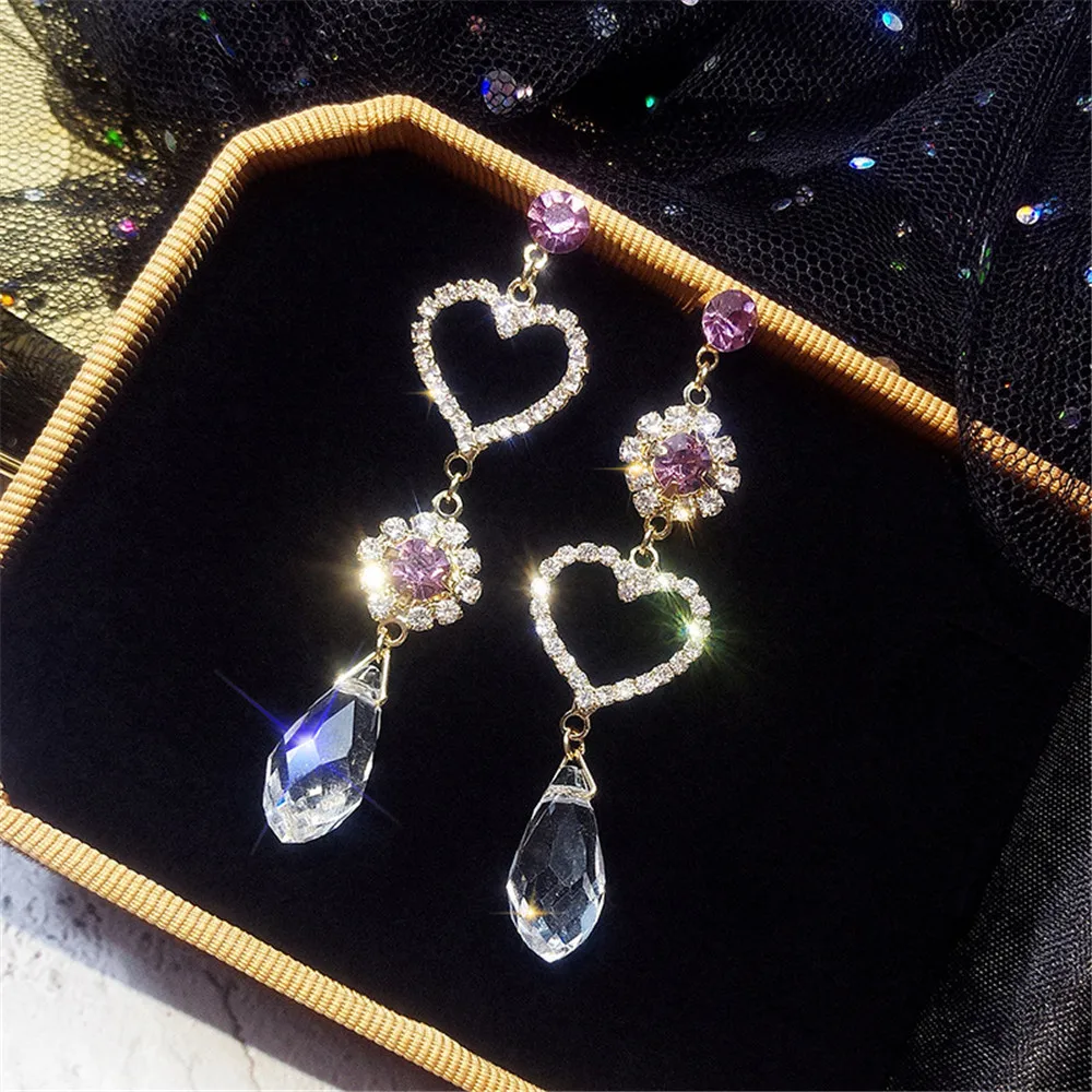 SexeMara 2019 Korean New Fashion Earrings Transparent Crystal Beads Love Heart Asymmetry For Women Rhinestone Brincos | Украшения и