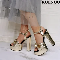 kolnoo new classic handmade women chunky heel sandals sexy platform knot peep toe gold faux leather fashion party dress shoes