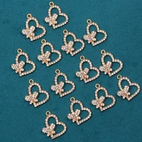10pcs 2320 full rhinestone paved heart shape butterfly charms golden alloy love insect pendant for diy earrings accessories