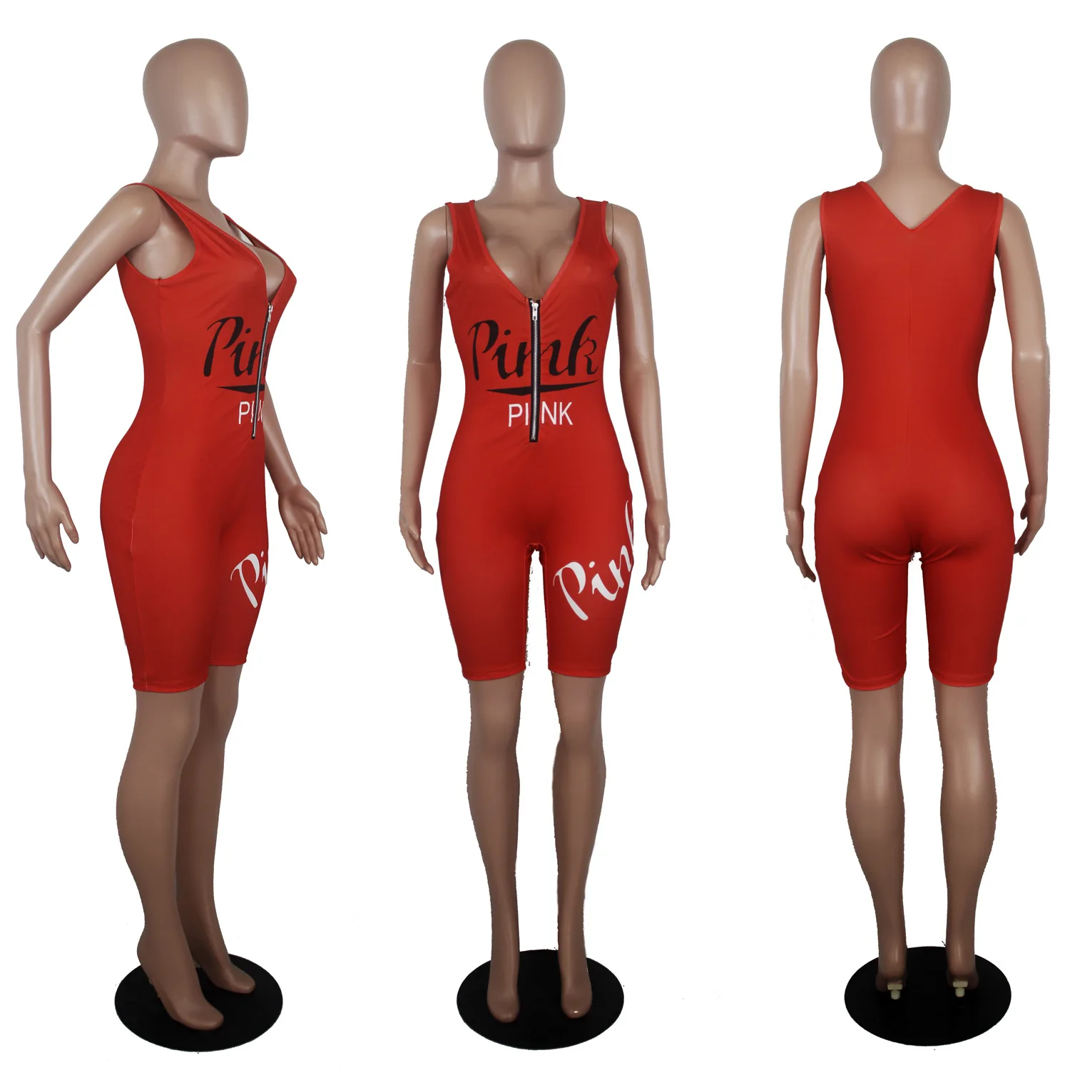 

ANJAMANOR Leter Pink Print Front Zip Sleeveless Romper Women Clothes Summer 2020 Sexy Bodycon Tracksuit Active Jumpsuit D90-AB90