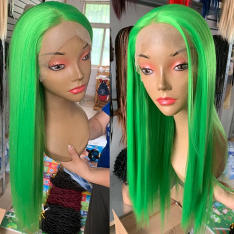 100% Real Human Hair Green long straight costume Hair Lace Front Wigs Swiss Lace wigs for women with Bangs