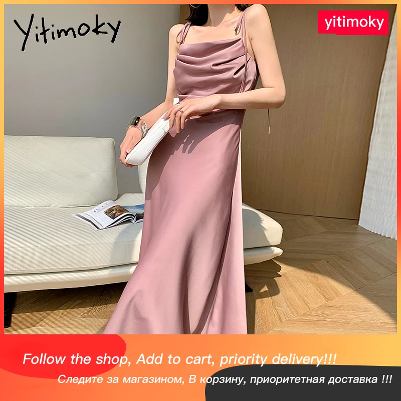 

Женское платье Yitimoky, на тонких бретелях, без рукавов, со складками, летнее, желтое, однотонное, элегантное, сарафан, 2021