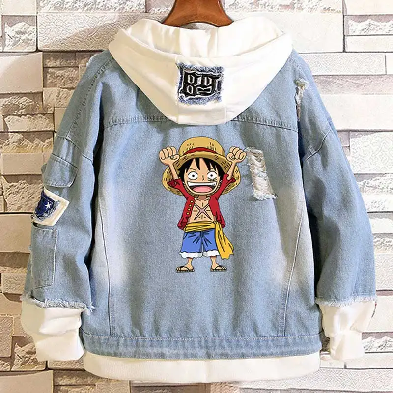 

Anime One Piece Monkey D Luffy Gear Fourth Casual Layered Denim Jackets Frayed Rib Sleeve Hooded Jean Jacket Loose Cowboy Coat
