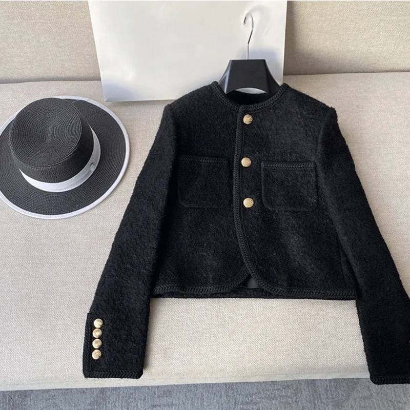 

2021 High Quality Women Fashion Jackets Black Tweed Two Pockets Golden Buttons Elegant Coats Spring Autumn Women Clothes