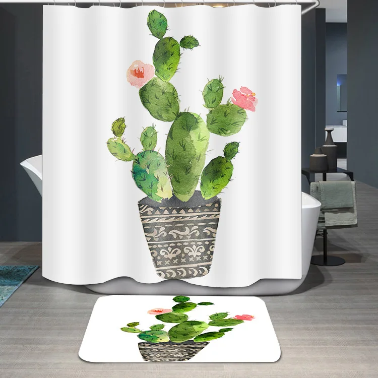 Nordic Green Plant Creative Digital Printing Polyester Shower Curtain Cactus Bathroom Curtain