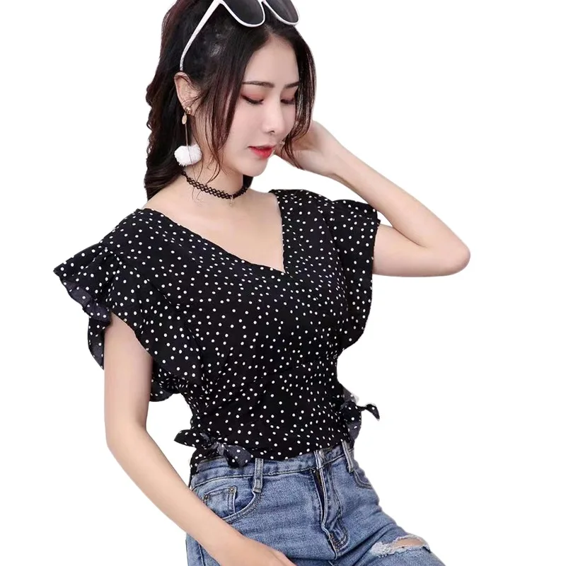 Женская шифоновая блузка в горошек с V образным вырезом и коротким