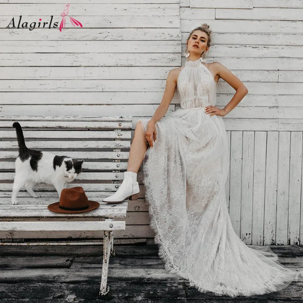 Сексуальное прозрачное свадебное платье бохо с лямкой на шее без рукавов