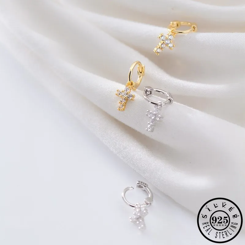 

925 Sterling Silver Small Cubic Zircon Cross Shape Gold Color Plated Ear Rings CZ Crucifix Hoops Earrings Jewelry for Women Lady