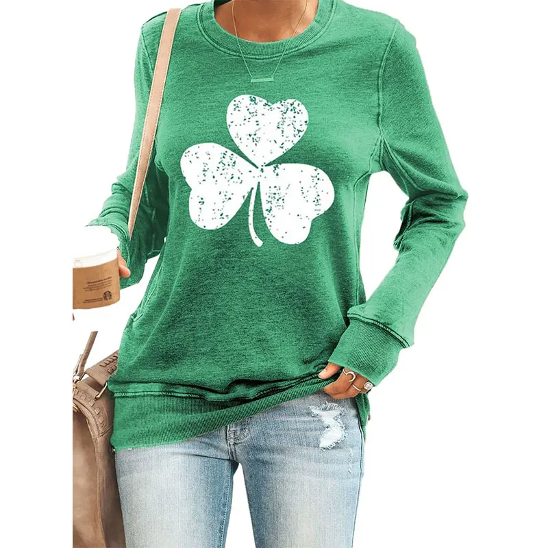 

Women Hoodies Clover Printed Long Sleeve Pullover Sweatshirt Round Neck Casual Tops