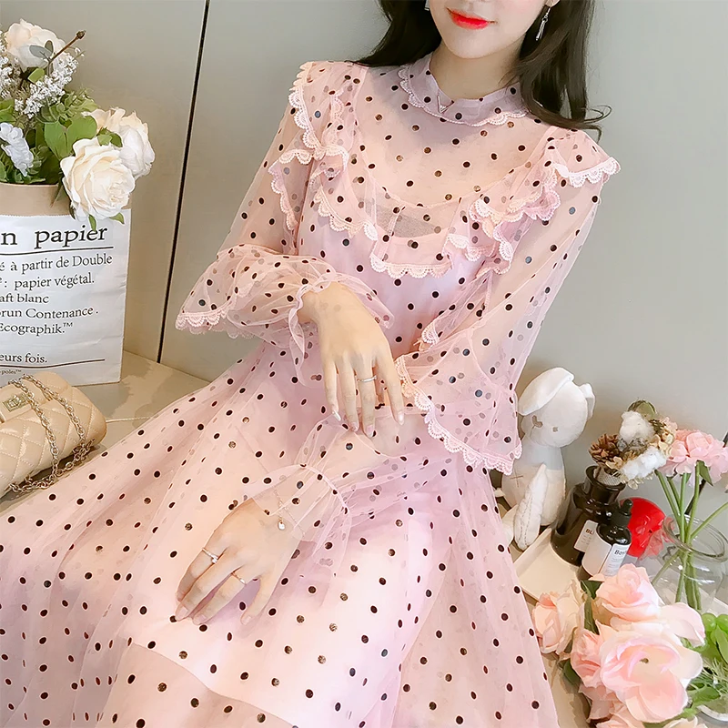 Женское шифоновое платье в горошек весеннее Сетчатое из двух частей вечерние