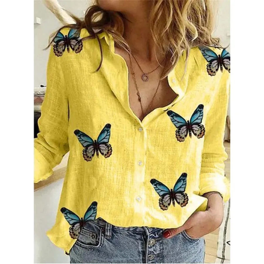 

DIOROBBEN butterfly print cotton linen women's blouses autumn long sleeve blouse shirts ladies fashion sexy V-Neck plus size top