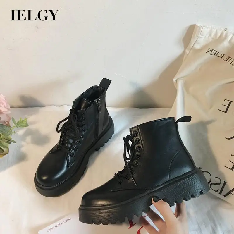

IELGY all-match lace-up thick-soled Martin boots female British style black short tube