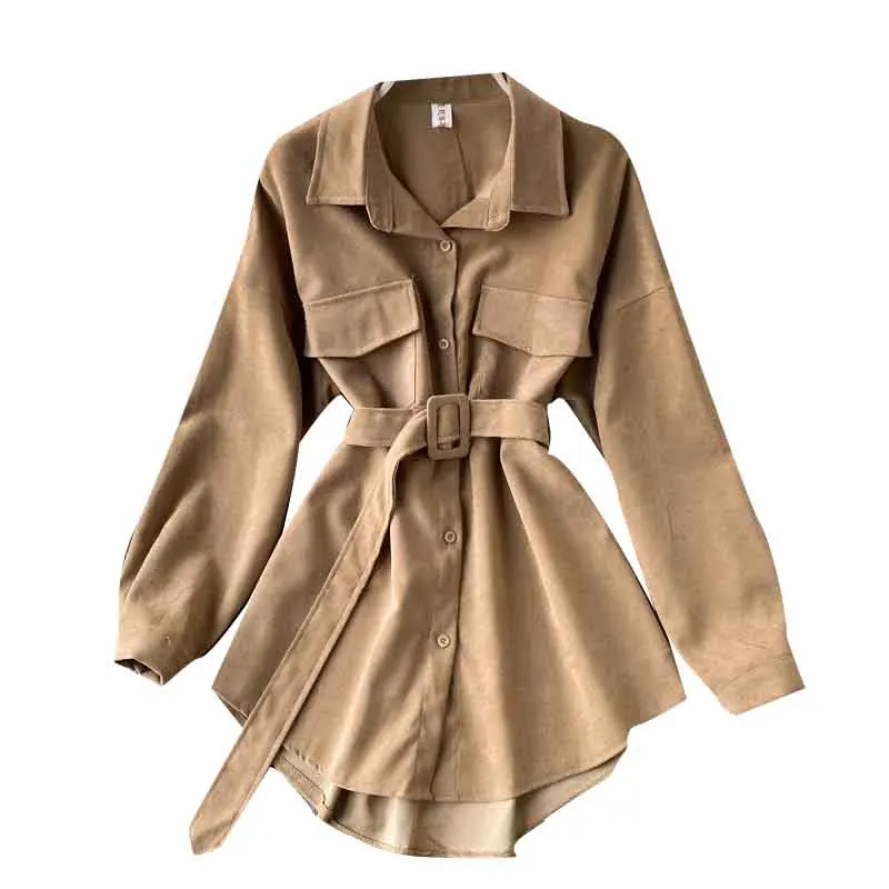 

Women 2021 New spring and autum Shirts Retro Cargo Style Pockets Long-Sleeved Shirt Puff Sleeve Bandage Nipped Waist Tops Female
