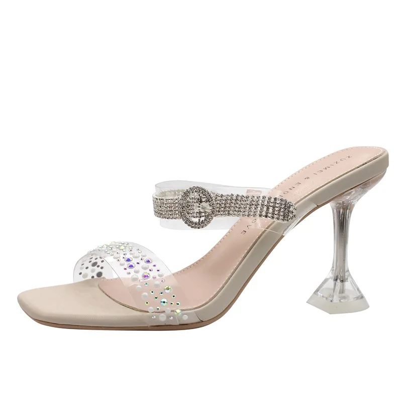 

Rhinestone Transparent Slippers 2021 Summer New One Strap Fashion Sandals Stiletto Heel High Heels Crystal