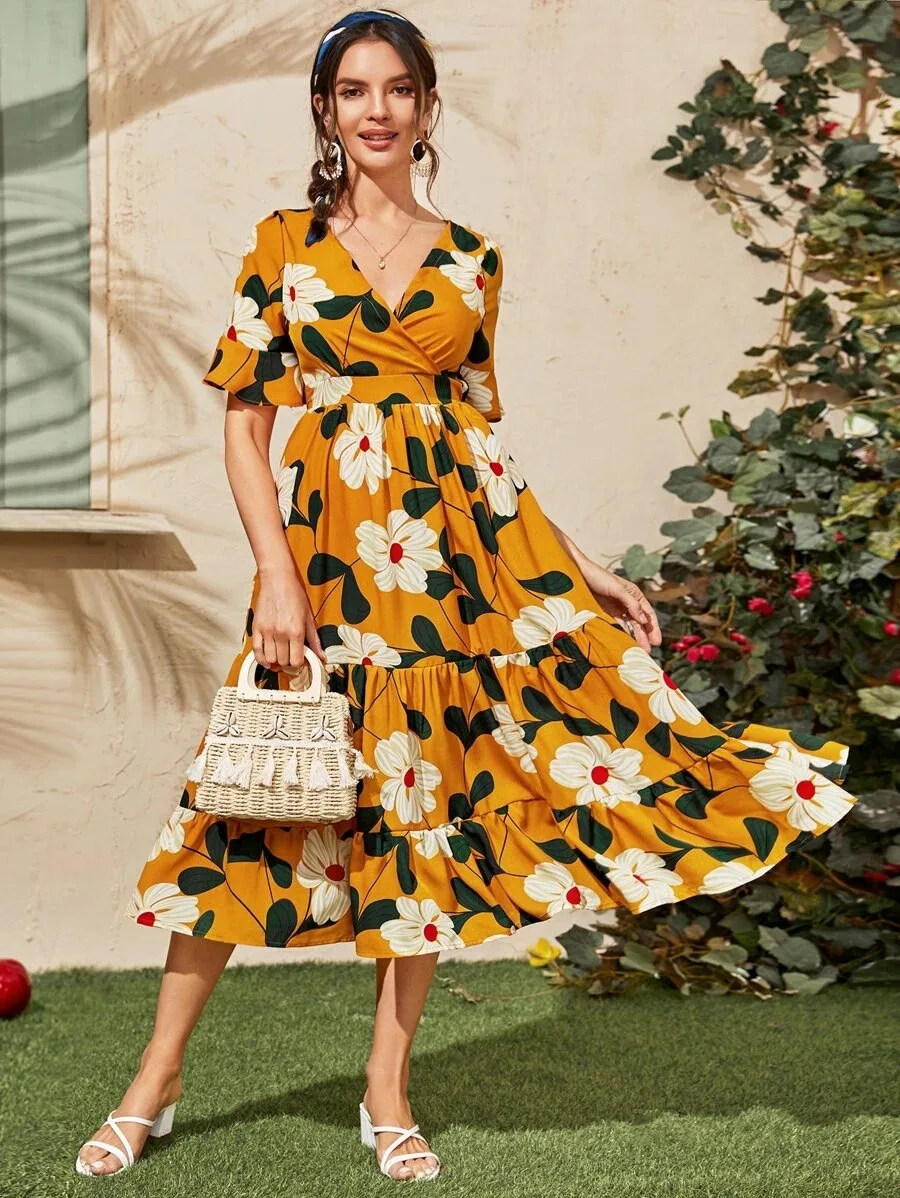 

White Floral Printing Summer Chiffon Beach Dress 2021 Fashion Casual V-neck Sexy Short Sleeve Women Midi Dresses Vestidos