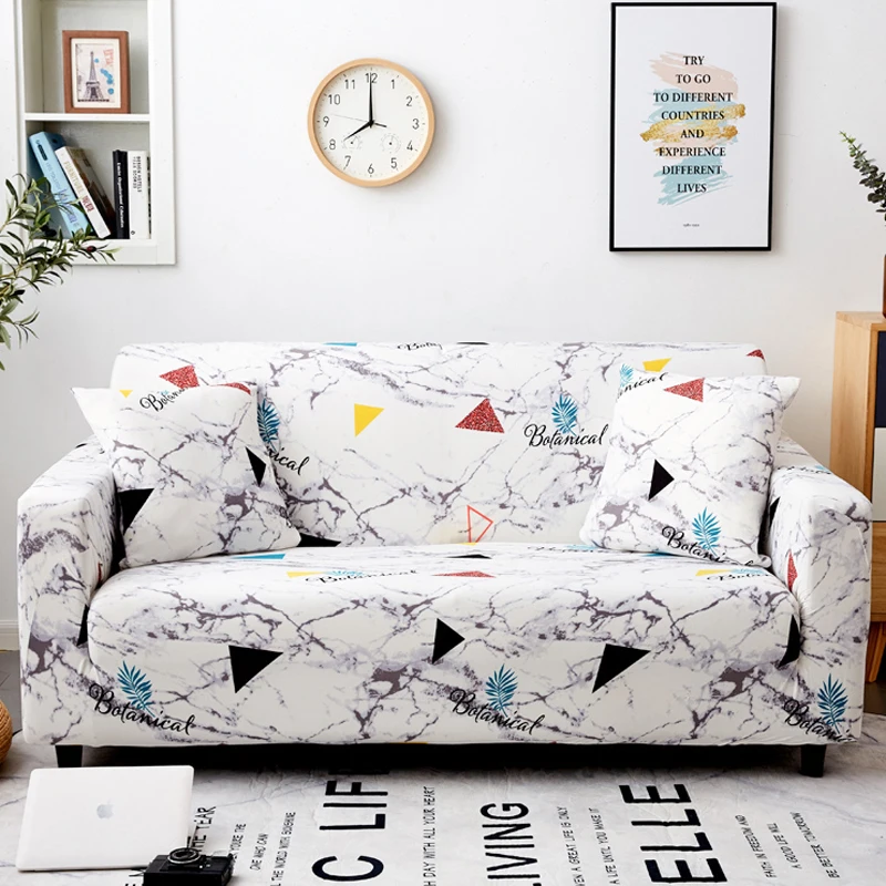 

Printed Sofa Cover For Living Room,Chaise Longue Slipcover L Shape Need 2 Pcs,White Marble Geometric Pattern 1/2/3/4 Seater