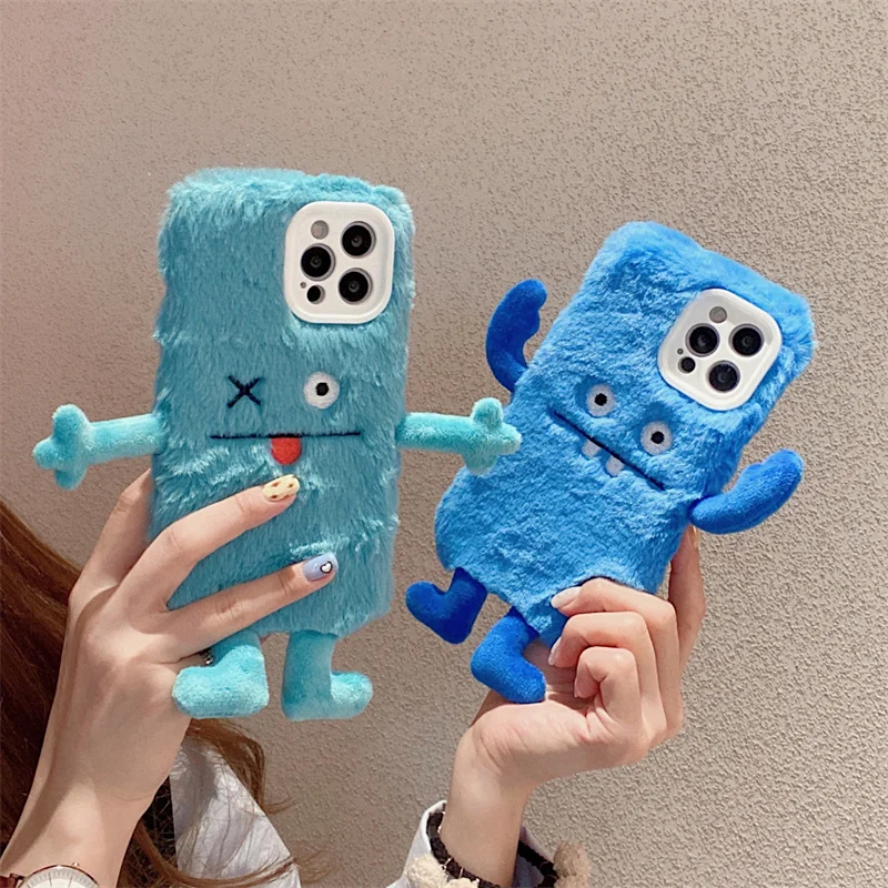 

Funny Cute 3D Little Monster Plush Lens Protection Phone Case For iPhone 11 12 13 Pro X XR XS Max 7 8 Plus Back Soft Warm Cover