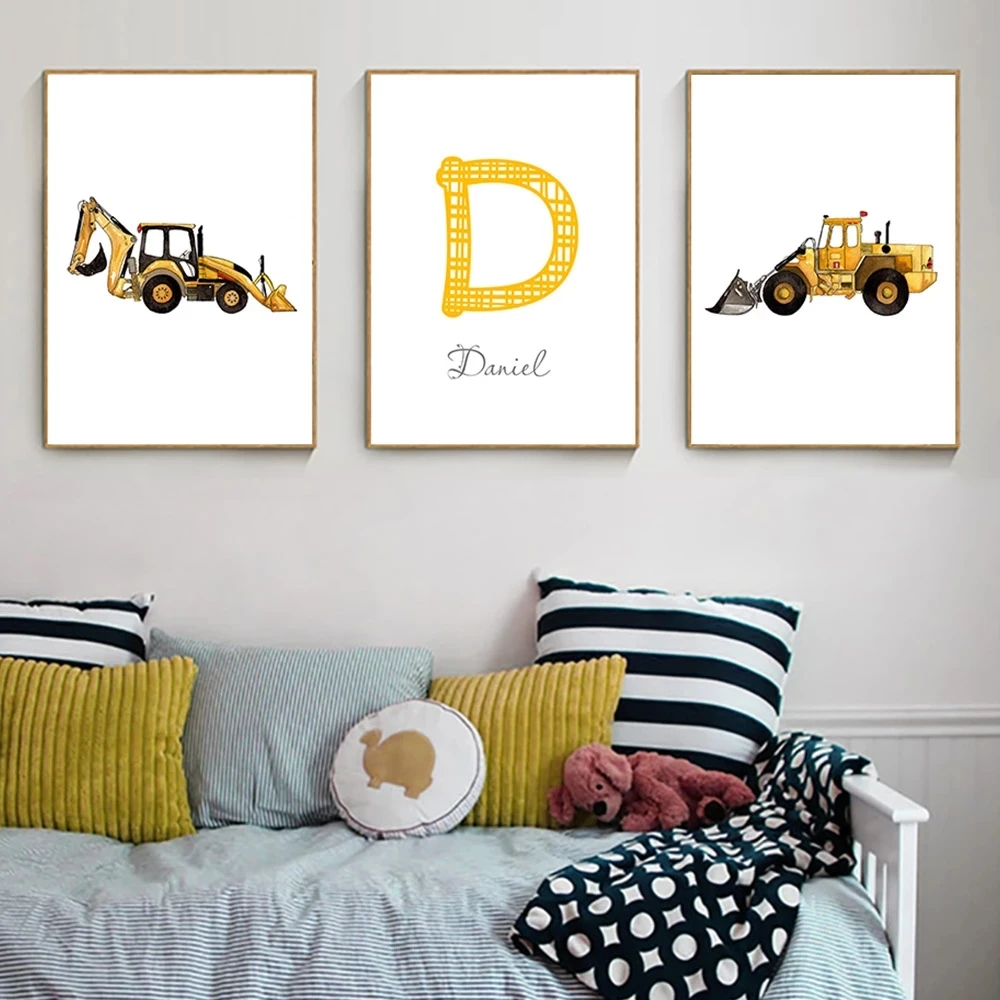 

Boy's Custom Name Poster Dump Truck Excavator Canvas Painting Nursery Prints Minimalist Wall Pictures for Kids Room Decoration