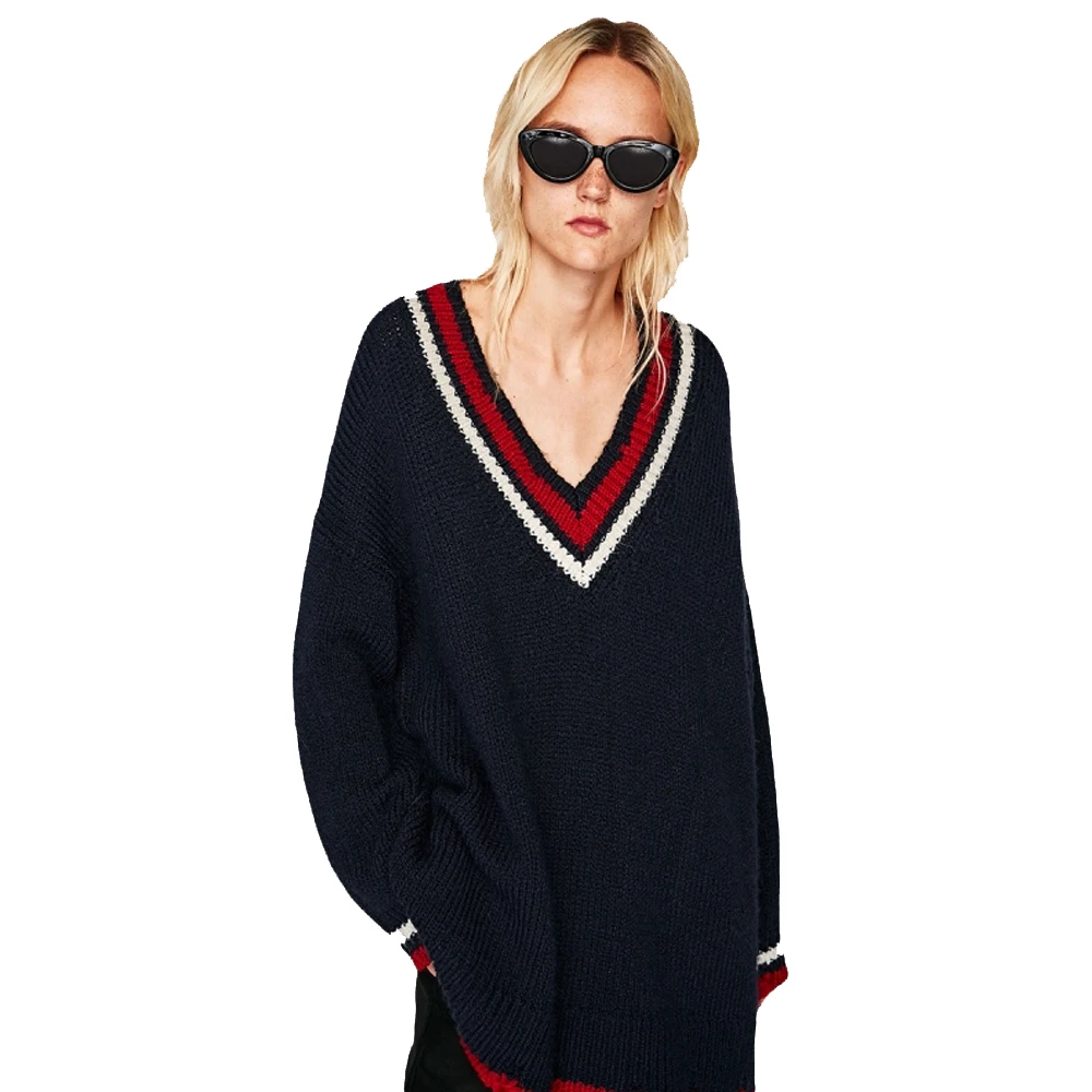 Женский трикотажный свитер с V-образным вырезом и длинными рукавами | Женская