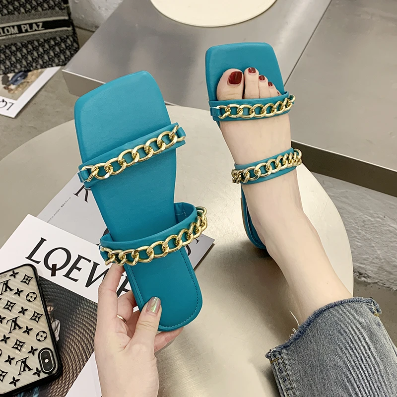 

Women's Slippers Open-toe Women's Sandals Fashion Solid Color PU Women's Slippers Flat-heel Beach Shoes Chain Women's Shoes
