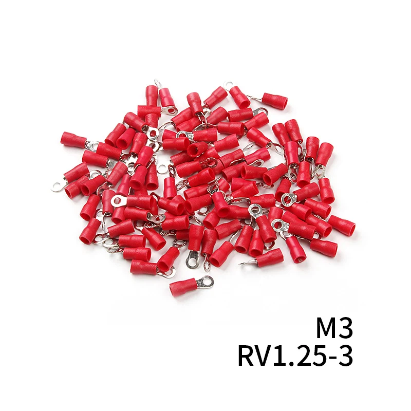 Фото RV1.25 кольцевой изолированный соединитель провода 100 шт. Красный 12-10 AWG обжимные клеммы для электрического кабеля комплект для 0,25-1.65 мм2 №2