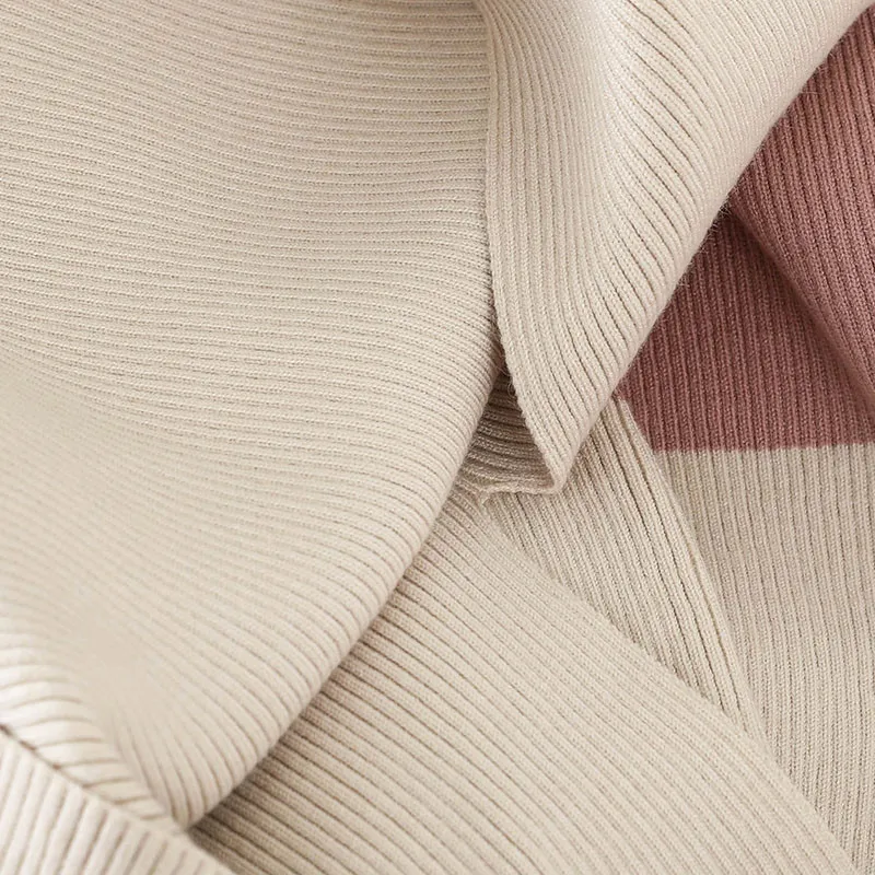 

2021 Spring Autumn 2 Pieces Set Knitted Contrasting Color V-Neck Cardigan + Back Split Dress Sweater Suit Pull Femme Outwear