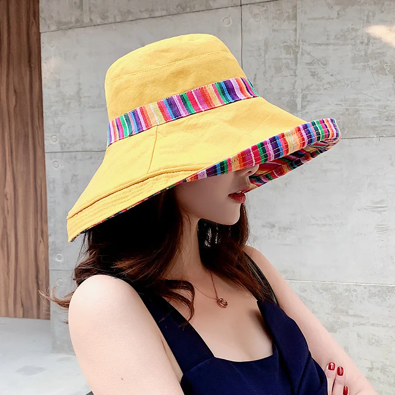 Cotton Bucket Hat ladies Sun Big Eaves Cover Face Fisherman Wild National Style Foldable Double-sided Sunscreen | Аксессуары для