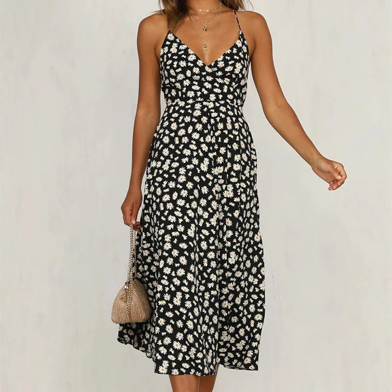 

Casual Summer Print Women Spaghetti Straps Dress 2020 Elegant V-neck Backless Maxi Dress