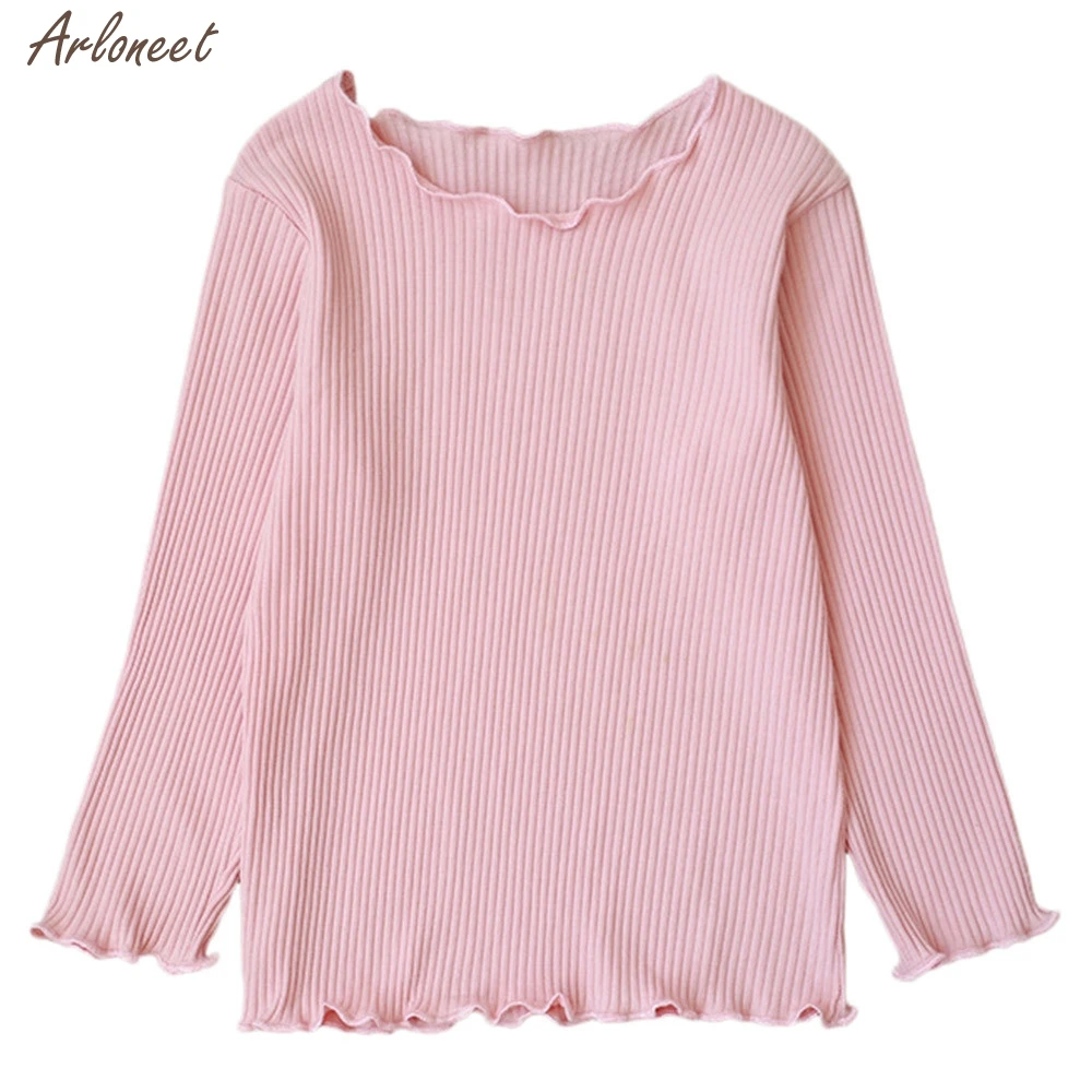 Pink Однотонные топы с длинными рукавами и волнистыми краями для маленьких девочек; блузка; одежда для детей; модная повседневная одежда; Новинка года - Цвет: Pink