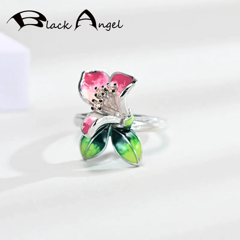 

BLACK ANGEL Purple Pink Enamel Morning Glory Rings For Women 925 Silver CZ Flowers Finger Ring Fashion Jewelry Wholesale