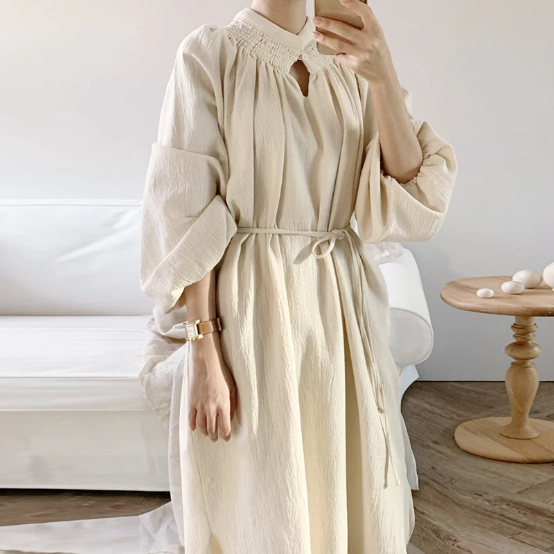 

Stand up collar pleated one button lace up waist dress elegant style solod white Black Dress