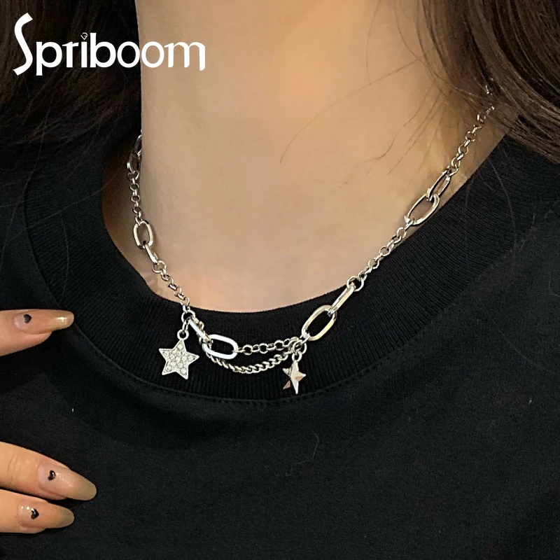 

Shiny Stars Choker Necklaces for Women Titanium Steel Sweater Chain Necklace Vintage Hip Hop Trendy Jewelry Silver Color Chokers