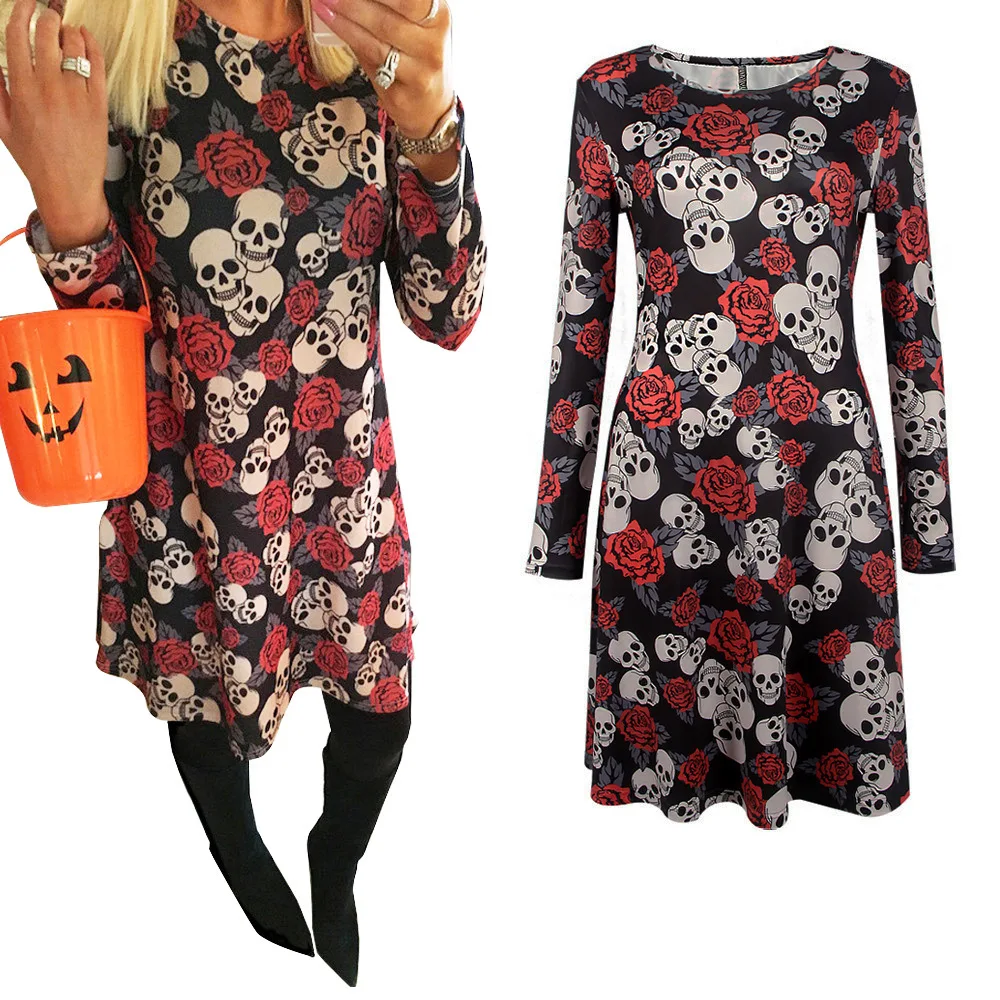 Halloween Christmas Wear Clothing Women Casual Dress Skull Print Long Sleeve Party O Neck Mini Dresses