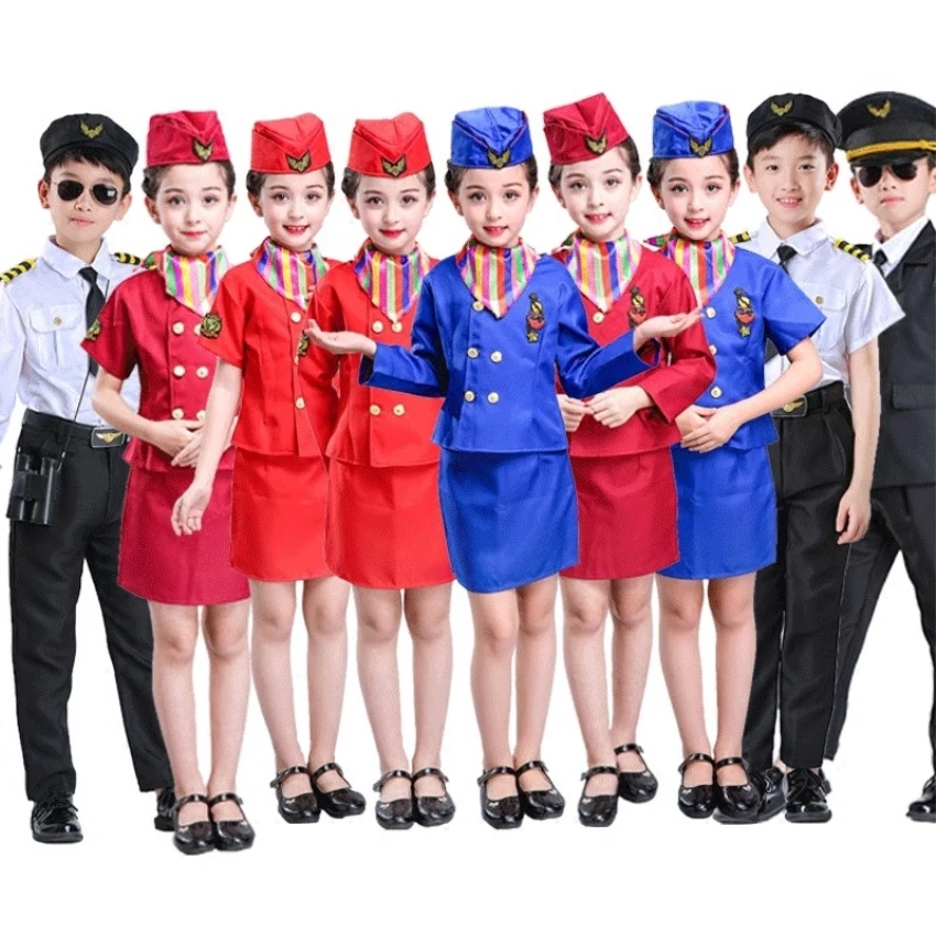 Kids Halloween Party Wear Military Uniform Air Force Flight Service Stewardess Air Hostess Girls Pilot Set Cosplay Costumes