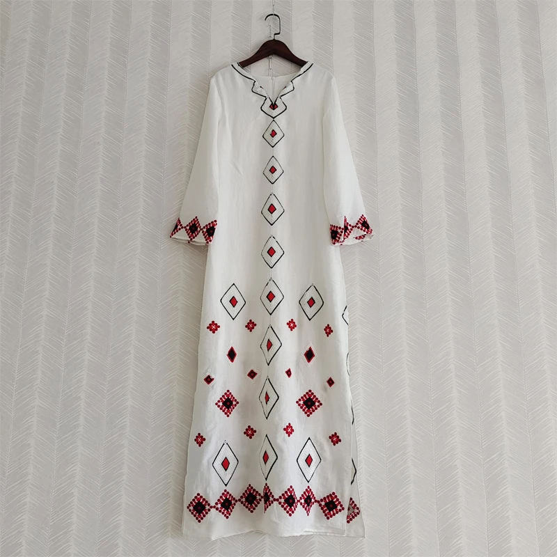 

White Embroidery Beading Women Runway Straight Dress 2021 Spring Summer Women High Quality Cotton and Linen Long Dresses