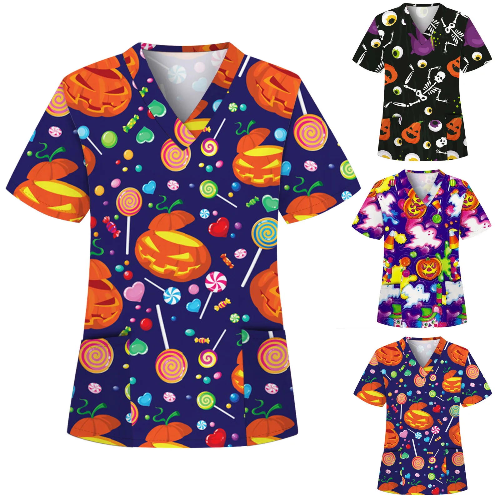 

Halloween Women Scrubs Uniform Short Sleeve V-neck Tops Cartoon Pumpkin Print Medical Uniforms Blouse Uniformes Clinicos Mujer