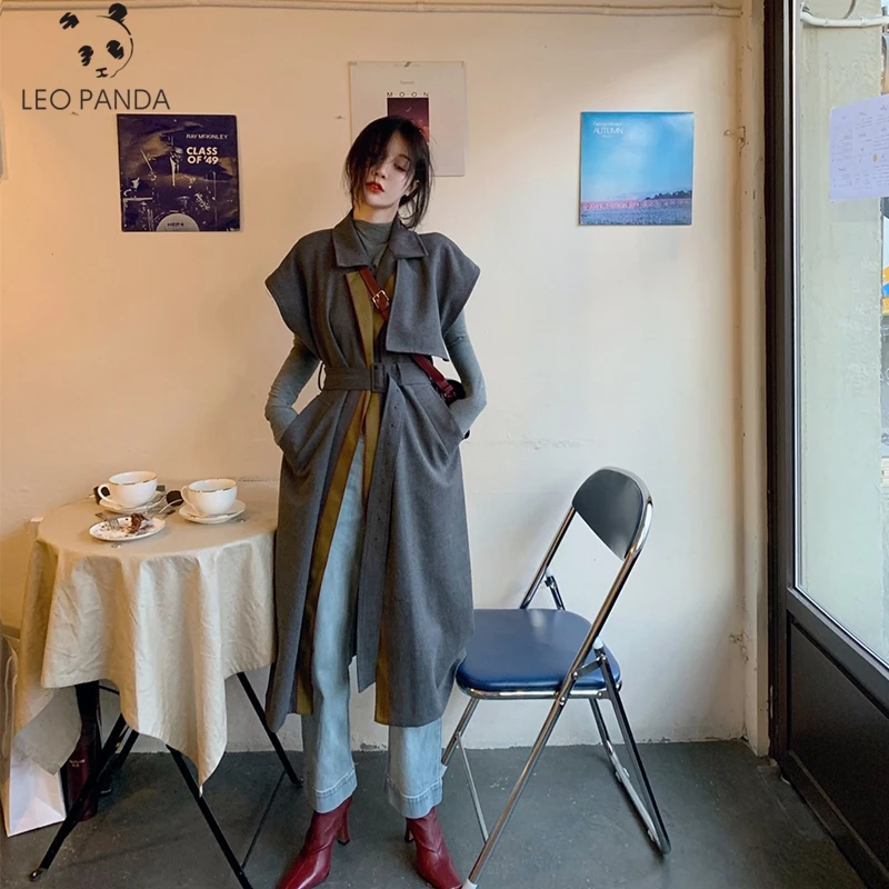 

Женское серое Элегантное зимнее шерстяное пальто, длинное шерстяное пальто на завязках, кардиган свободного кроя, женская верхняя одежда с ...