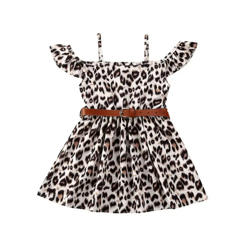 2-6Y Baby Girl Kids Leopard Print Ruffle Off Shoulder Sleeveless Casual Dress Sundress With Belt 2pcs | Детская одежда и обувь
