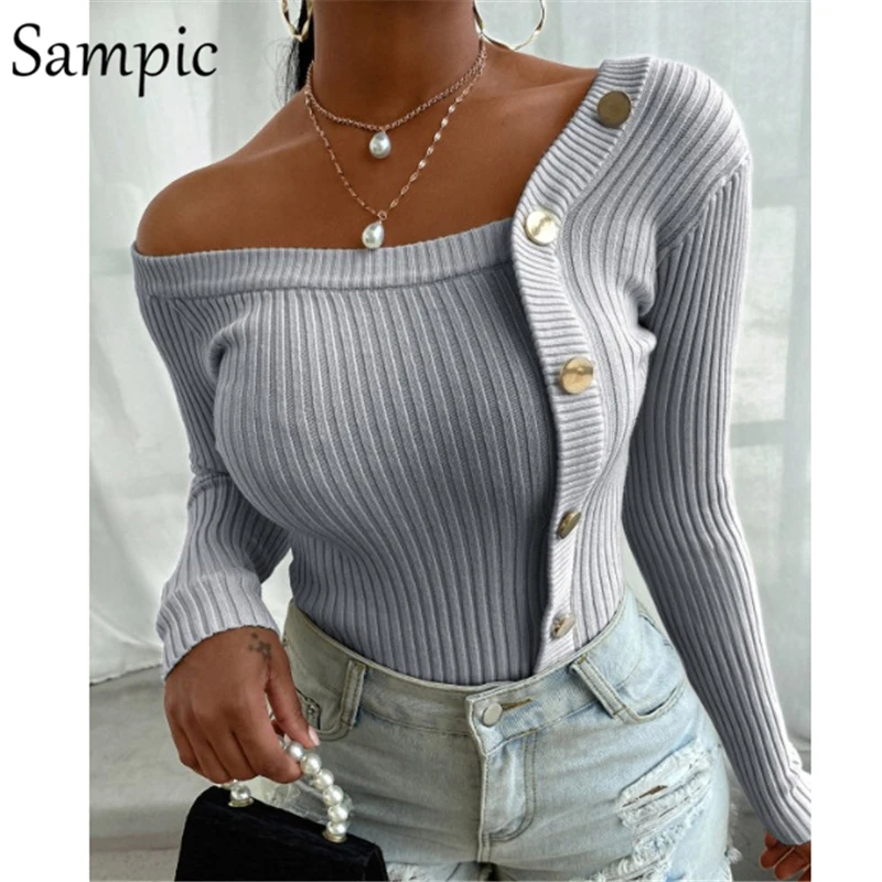 Женский вязаный джемпер на пуговицах Sampic белый с длинными рукавами и открытыми