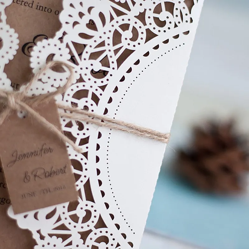 10/20 шт. винтажные свадебные пригласительные открытки с лазерной резкой и лентой