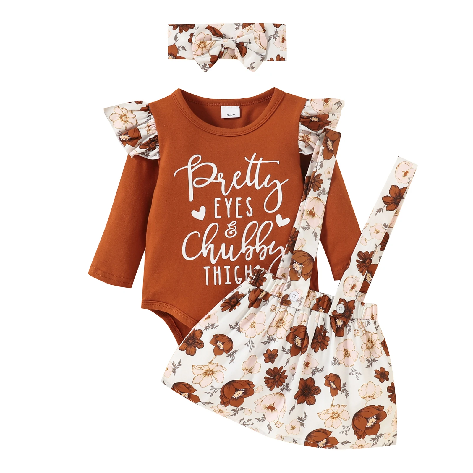 

Baby Girls Three-piece Cloting Set Letters and Floral Printed Pattern Romper, Suspender Skirt and Headdress Clothes Suit