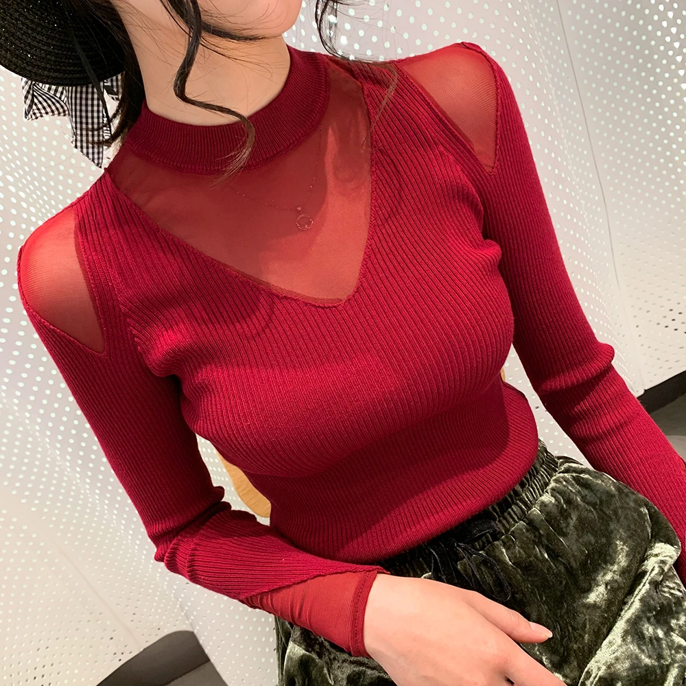 Сетчатые прозрачные женские вязаные свитера-пуловеры с открытыми плечами