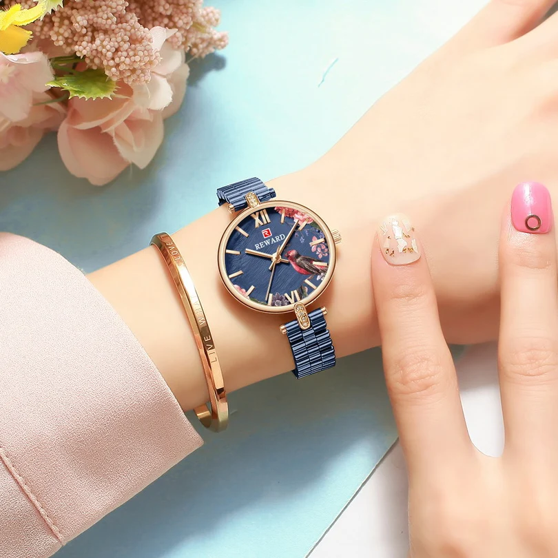 

REWARD Beautiful Flower Design 2021 New Women Watches Ladies Watch Female Clock Women's Quartz Watch Blue Stainless Steel Clock