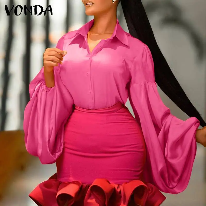 

Женская блузка в офисном стиле VONDA 2021, Осенние Топы, женские блузы с отложным воротником, однотонные офисные рубашки на пуговицах с пышными р...