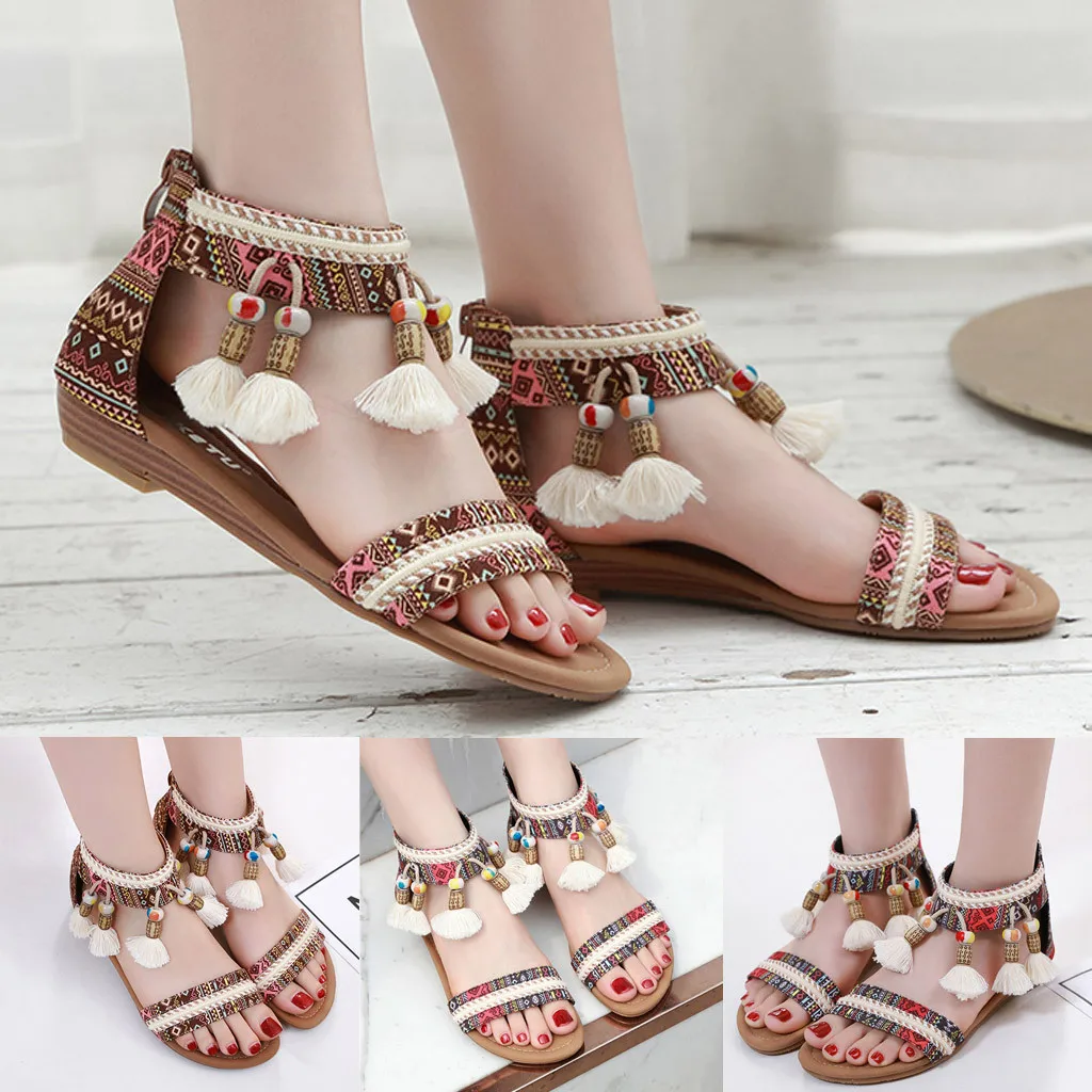 

Shoe Women Roman Summer Casual Flat Sandals Plus Size Flip Flops Female Gingham Decoration Zipper Ankle Wrap Shoes sandals#g30