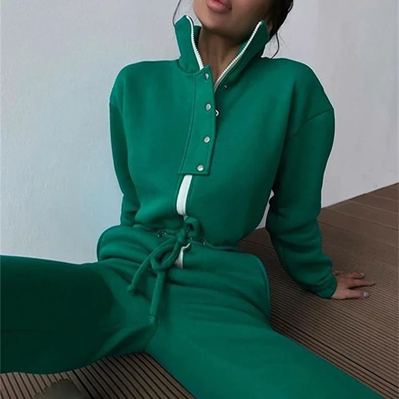

Casual Stand Collar Jumpsuits Women Autumn Winter Zipper Long Sleeve Outfit Solid Loose Drawstring Tracksuits Suit Ropa Mujer