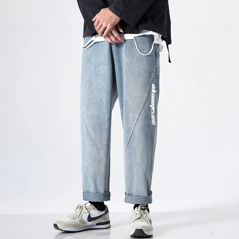 

Мужские джинсы с широкими штанинами #1305, прямые байкерские джинсы с винтажным принтом синего цвета, свободные, для весны и лета, Японская ули...